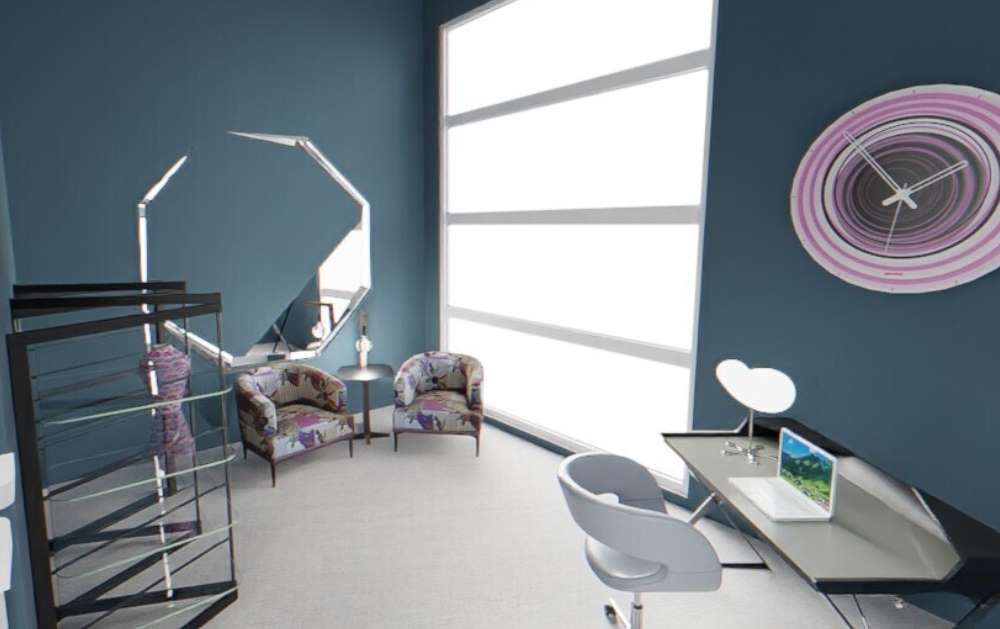 Blue and pink modern office interior design at Copenhagen Imports in Texas and Arizona