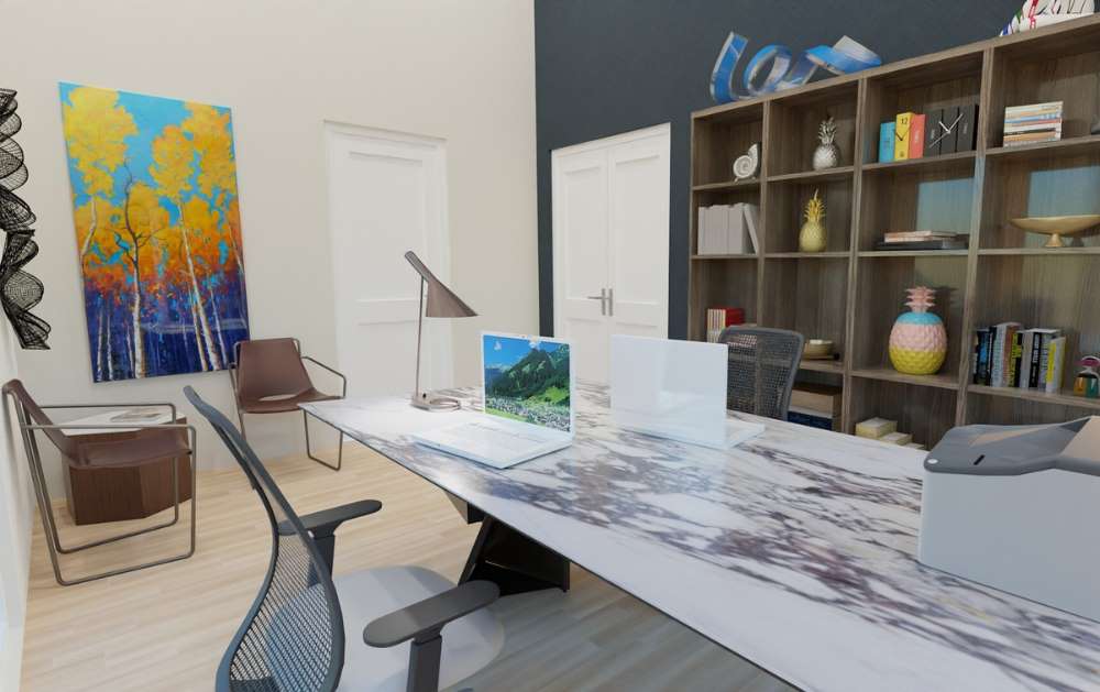 A home office decorated with a sleek marble office desk from Copenhagen Imports in AZ and TX