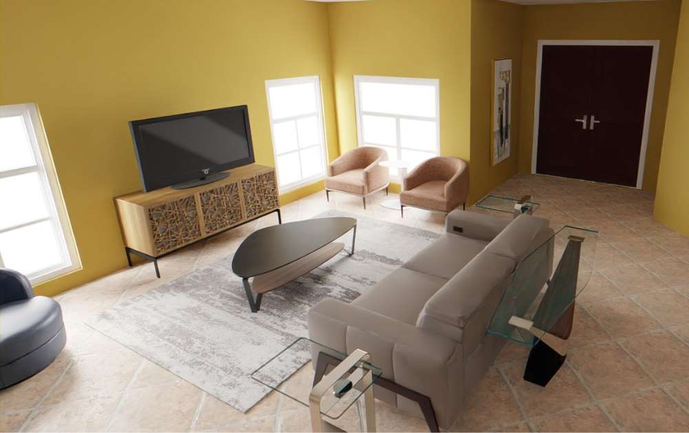 Living room designed by Will Joffroy and decorated with practical furniture from Copenhagen Imports in TX & AZ