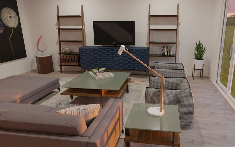 Comfortable living room designed by Will Joffroy and decorated with furniture from Copenhagen Imports in TX & AZ
