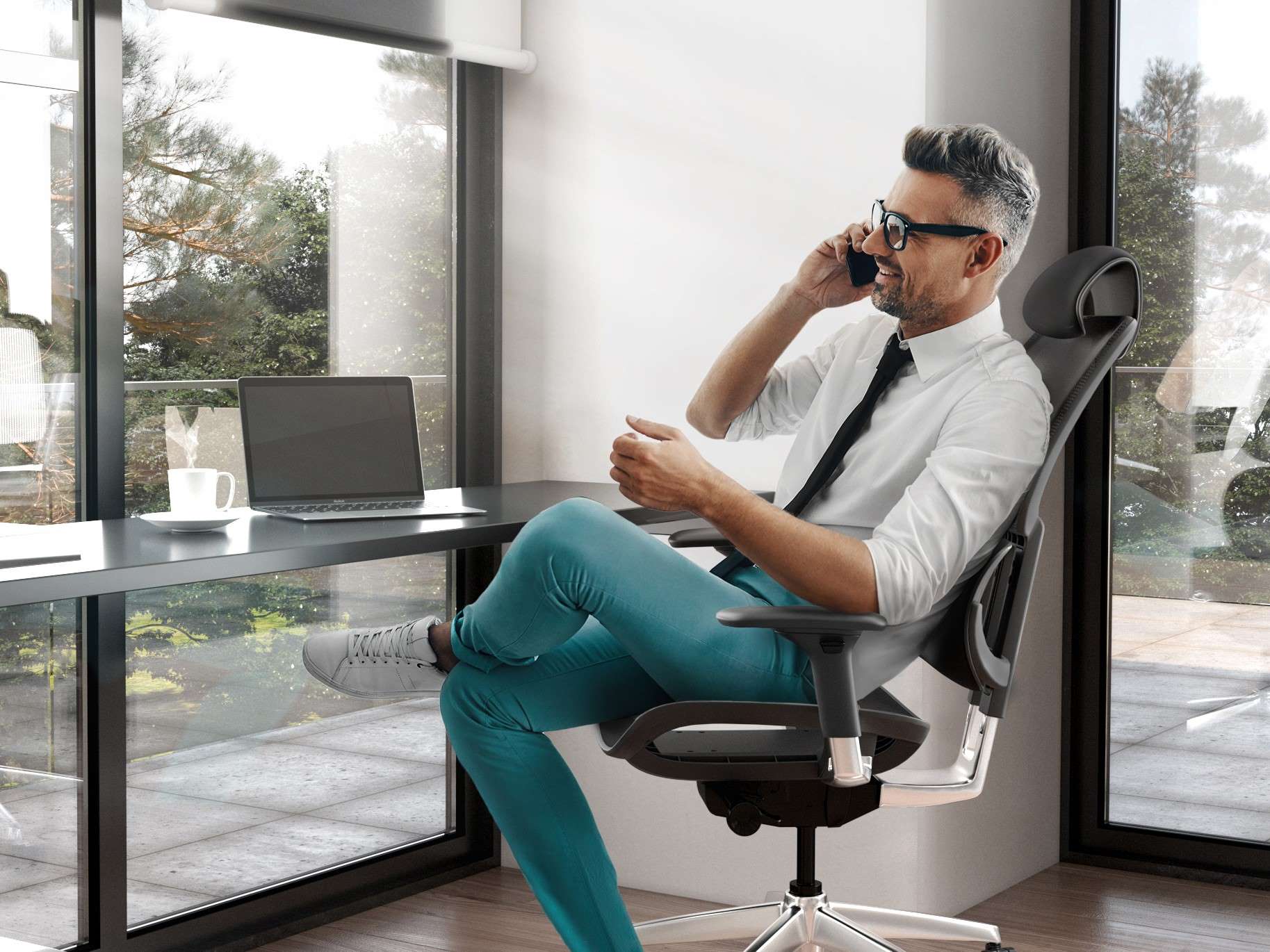 Businessman sitting in an office chair from Copenhagen Imports located in Texas and Arizona