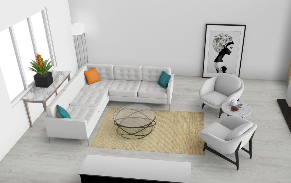 A 3d view of designed room done by an interior designer at Copenhagen Imports in Arizona & Texas