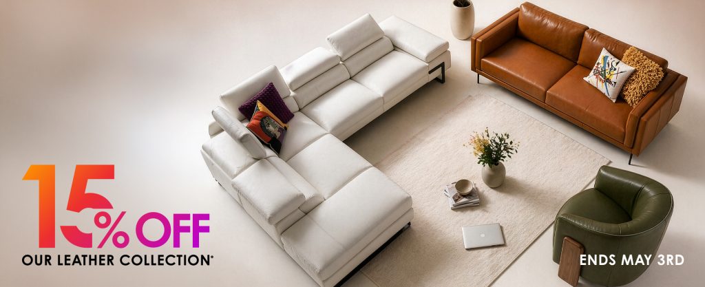 Sectional, Sofa, and Chair face each other. Copenhagen promo, 15% off leather products until May 3rd
