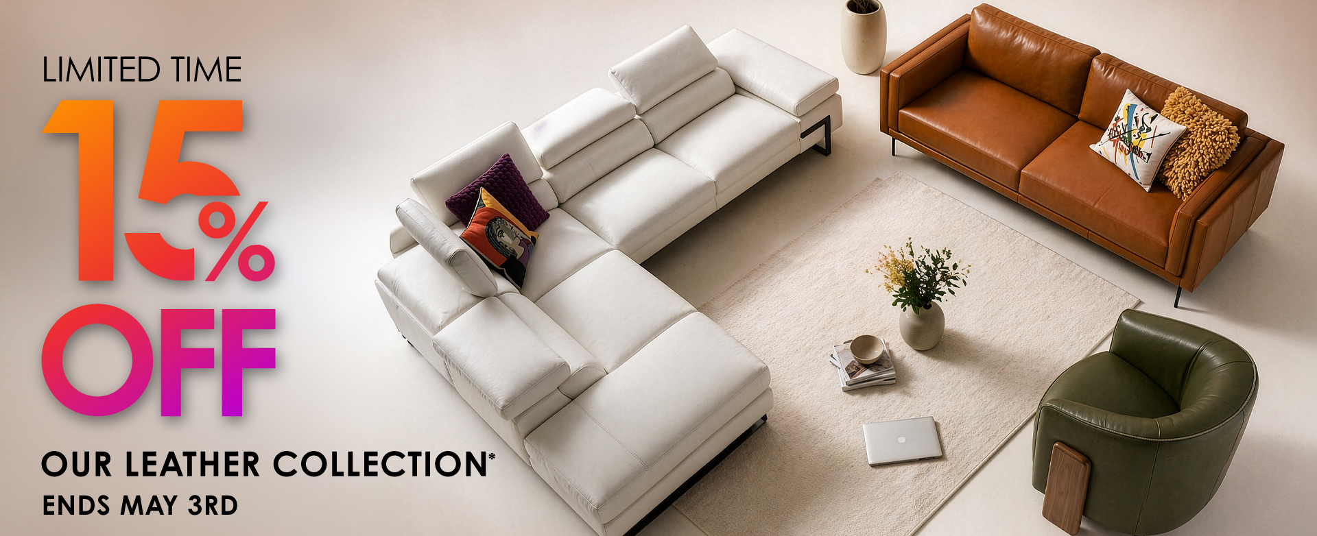 Sectional, Sofa, and Chair face each other. Copenhagen promo, 15% off leather products until May 3rd
